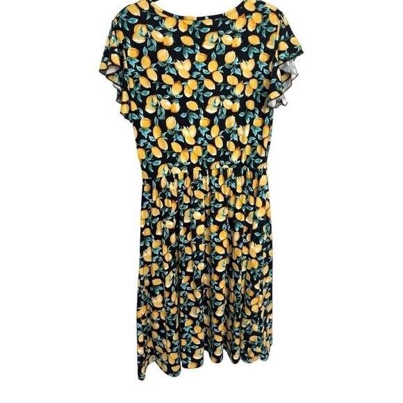 WNEEDU Summer Dress Size Large Black Yellow Lemon Print Cap Sleeves Pockets - Picture 7 of 8
